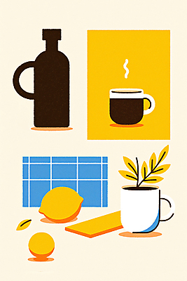 JPG 잎 일러스트 사람없음 노란색 머그컵 병 커피잔 레몬 국내일러스트 AI일러스트 AI콘텐츠 식물 식기 커피 컬러 과일 잔 컵 파일형식