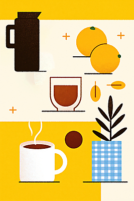 JPG 화분 잎 일러스트 주전자 사람없음 반짝임 노란색 수증기 커피잔 레몬 직선 체크무늬 국내일러스트 AI일러스트 AI콘텐츠 식물 커피 선 컬러 무늬 과일 모션 주방용품 잔 파일형식