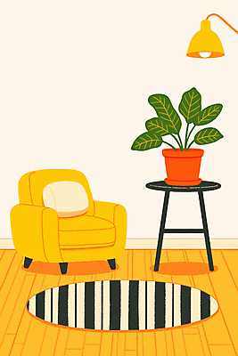 JPG 화분 쿠션 잎 일러스트 조명 실내 사람없음 소파 노란색 나무바닥 원형탁자 국내일러스트 AI일러스트 AI콘텐츠 식물 컬러 의자 탁자 바닥 내부 파일형식