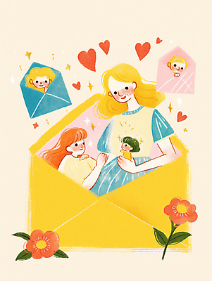 JPG 여자 남자 꽃 얼굴 어린이 잎 일러스트 편지봉투 사랑 미소 소녀 소년 여러명 상반신 성인 반짝임 하트 잡기 연노랑색 국내일러스트 AI일러스트 AI콘텐츠 모양 식물 감정 다수 모션 봉투 표정 사람 신체부위 노란색 편지 파일형식