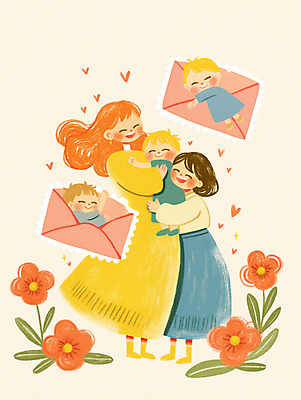 JPG 전신 여자 남자 꽃 어린이 잎 일러스트 포옹 편지봉투 사랑 웃음 소녀 소년 여러명 상반신 성인 하트 연노랑색 국내일러스트 AI일러스트 AI콘텐츠 모양 식물 감정 다수 안기 봉투 표정 사람 노란색 편지 파일형식