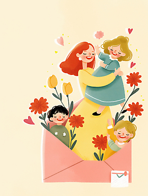 JPG 전신 여자 남자 꽃 어린이 잎 일러스트 포옹 편지봉투 사랑 미소 소녀 소년 여러명 상반신 성인 눈감음 하트 연노랑색 국내일러스트 AI일러스트 AI콘텐츠 모양 식물 감정 다수 안기 모션 봉투 표정 사람 노란색 편지 파일형식