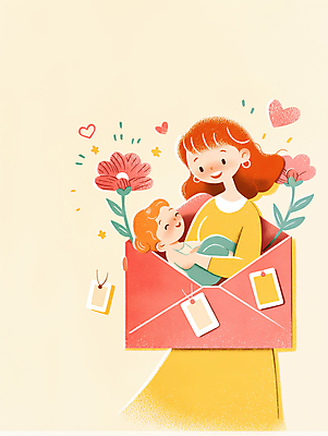 JPG 전신 여자 꽃 어린이 잎 일러스트 포옹 편지봉투 사랑 미소 소녀 성인 두명 꼬리표 하트 여자만 연노랑색 국내일러스트 AI일러스트 AI콘텐츠 모양 식물 감정 안기 봉투 표정 사람 노란색 라벨 편지 파일형식