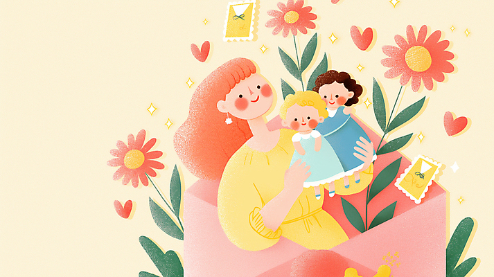 JPG 전신 여자 꽃 어린이 잎 일러스트 편지봉투 사랑 미소 들기 소녀 상반신 성인 세명 반짝임 하트 우표 여자만 연노랑색 국내일러스트 AI일러스트 AI콘텐츠 모양 식물 감정 모션 봉투 표정 사람 노란색 편지 파일형식