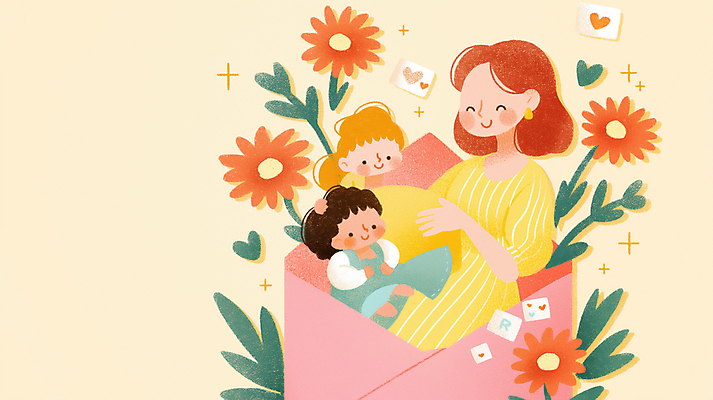 JPG 전신 여자 꽃 어린이 잎 일러스트 편지봉투 사랑 미소 소녀 상반신 성인 세명 반짝임 하트 여자만 연노랑색 국내일러스트 AI일러스트 AI콘텐츠 모양 식물 감정 모션 봉투 표정 사람 노란색 편지 파일형식