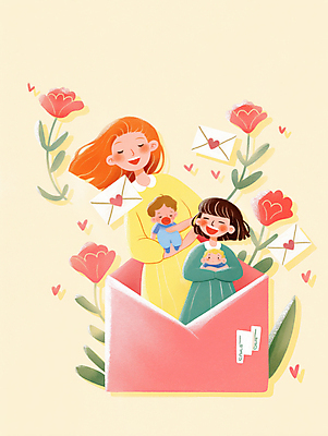 JPG 전신 여자 남자 꽃 어린이 잎 일러스트 안기 편지봉투 사랑 미소 들기 소녀 소년 여러명 상반신 성인 눈감음 하트 연노랑색 국내일러스트 AI일러스트 AI콘텐츠 모양 식물 감정 다수 모션 봉투 표정 사람 노란색 편지 파일형식