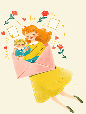 JPG 전신 여자 꽃 종이 어린이 잎 일러스트 포옹 편지봉투 사랑 미소 소녀 성인 두명 반짝임 하트 여자만 연노랑색 국내일러스트 AI일러스트 AI콘텐츠 모양 식물 감정 안기 모션 봉투 표정 사람 노란색 편지 파일형식