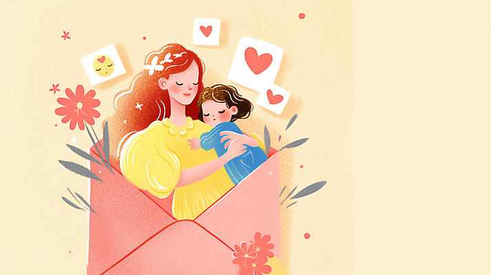 JPG 여자 꽃 종이 어린이 잎 일러스트 포옹 편지봉투 사랑 소녀 성인 두명 반짝임 눈감음 하트 여자만 연노랑색 국내일러스트 AI일러스트 AI콘텐츠 모양 식물 감정 안기 모션 봉투 사람 노란색 편지 파일형식