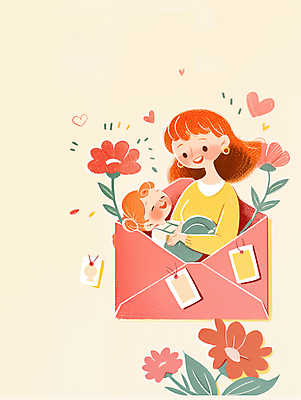 JPG 전신 여자 꽃 어린이 잎 일러스트 포옹 편지봉투 사랑 미소 소녀 상반신 성인 두명 꼬리표 하트 여자만 연노랑색 국내일러스트 AI일러스트 AI콘텐츠 모양 식물 감정 안기 봉투 표정 사람 노란색 라벨 편지 파일형식