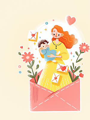 JPG 전신 여자 꽃 어린이 잎 일러스트 편지봉투 사랑 미소 들기 소녀 성인 두명 반짝임 하트 후광 여자만 연노랑색 국내일러스트 AI일러스트 AI콘텐츠 모양 식물 감정 모션 봉투 표정 사람 빛 노란색 편지 파일형식