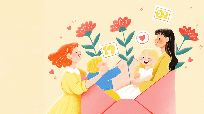 JPG 여자 남자 꽃 어린이 잎 일러스트 포옹 편지봉투 사랑 미소 소녀 소년 여러명 상반신 성인 하트 우표 손뻗기 연노랑색 국내일러스트 AI일러스트 AI콘텐츠 모양 식물 감정 다수 안기 모션 봉투 표정 사람 노란색 편지 파일형식