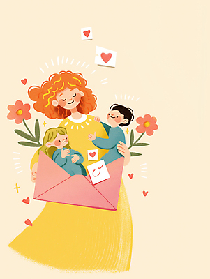 JPG 전신 여자 남자 꽃 종이 어린이 잎 일러스트 포옹 편지봉투 사랑 미소 소녀 소년 여러명 성인 반짝임 눈감음 하트 연노랑색 국내일러스트 AI일러스트 AI콘텐츠 모양 식물 감정 다수 안기 모션 봉투 표정 사람 노란색 편지 파일형식