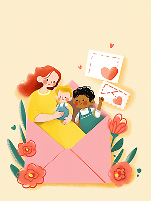 JPG 여자 남자 꽃 어린이 잎 일러스트 안기 편지봉투 사랑 미소 소년 성인 세명 반짝임 손들기 하트 우표 연노랑색 국내일러스트 AI일러스트 AI콘텐츠 모양 식물 감정 모션 봉투 표정 사람 노란색 편지 파일형식