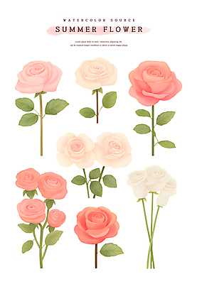 PSD 분홍색 스티커 잎 일러스트 여름꽃 수채화 사람없음 장미 엘리먼트 국내일러스트 식물 꽃 컬러 파일형식 여름_계절