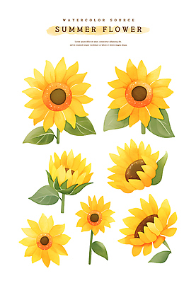 PSD 스티커 잎 일러스트 여름꽃 해바라기 수채화 사람없음 노란색 엘리먼트 국내일러스트 식물 꽃 컬러 파일형식 여름_계절