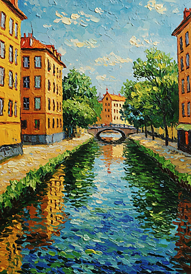 JPG 나무 구름 일러스트 하늘 붓터치 주택 사람없음 야외 강 반사 맑음 봄풍경 도시 질감 유화 가교 국내일러스트 AI일러스트 AI콘텐츠 자연요소 식물 건축물 날씨 미술 풍경 건물 봄 파일형식