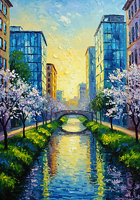 JPG 일러스트 하늘 붓터치 빌딩 사람없음 야외 건물 강 태양 반사 노을 맑음 봄풍경 도시 벚나무 질감 유화 국내일러스트 AI일러스트 AI콘텐츠 자연요소 나무 건축물 날씨 미술 풍경 봄 벚꽃 파일형식