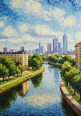 JPG 나무 구름 일러스트 하늘 붓터치 빌딩 사람없음 야외 건물 강 반사 맑음 봄풍경 도시 질감 유화 국내일러스트 AI일러스트 AI콘텐츠 자연요소 식물 건축물 날씨 미술 풍경 봄 파일형식