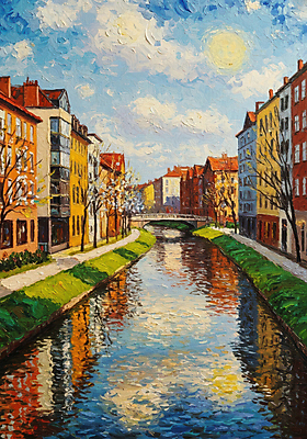 JPG 나무 구름 일러스트 하늘 붓터치 주택 사람없음 야외 강 태양 반사 맑음 봄풍경 도시 질감 유화 가교 국내일러스트 AI일러스트 AI콘텐츠 자연요소 식물 건축물 날씨 미술 풍경 건물 봄 파일형식