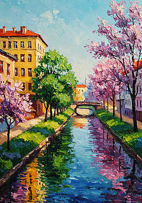 JPG 구름 일러스트 하늘 붓터치 주택 사람없음 야외 강 반사 맑음 봄풍경 도시 벚나무 질감 유화 가교 국내일러스트 AI일러스트 AI콘텐츠 자연요소 나무 건축물 날씨 미술 풍경 건물 봄 벚꽃 파일형식