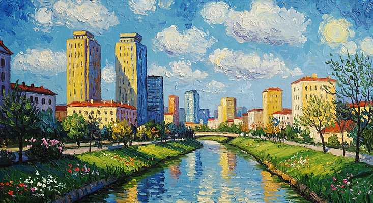 JPG 나무 구름 물결 일러스트 하늘 붓터치 빌딩 사람없음 야외 건물 강 태양 반사 맑음 봄풍경 도시 질감 유화 국내일러스트 AI일러스트 AI콘텐츠 자연요소 식물 건축물 날씨 미술 풍경 봄 파일형식