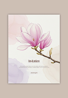 PSD 템플릿 분홍색 카드템플릿 수채화 사람없음 나뭇가지 초대장 목련 이미지템플릿 나무 꽃 컬러 카드_감사 파일형식