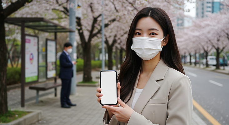 JPG 전신 편집이미지 여자 남자 도로 마스크 들기 상반신 성인 야외 두명 스마트폰 핸드폰 건강관리 환경 환경오염 벚나무 버스정류장 알림 매연 대기오염 황사 의료성형뷰티 성인만 미세먼지 편집실사 AI인물포토 AI콘텐츠 나무 길 컨셉 교통시설 모션 건강 관리 사람 전자제품 스마트기기 벚꽃 역 CG 먼지 파일형식 AI포토