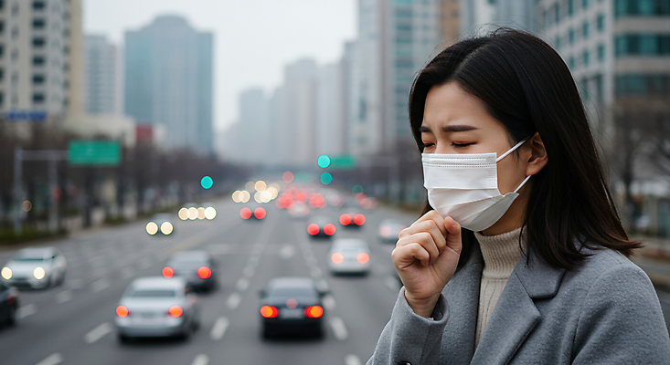JPG 편집이미지 여자 자동차 마스크 한명 상반신 성인 야외 건물 건강관리 환경 차도 환경오염 매연 대기오염 입가림 기침 황사 의료성형뷰티 성인여자한명만 미세먼지 편집실사 AI인물포토 AI콘텐츠 1 건축물 도로 육상교통 컨셉 건강 관리 사람 가림 CG 먼지 여자한명만 성인여자만 파일형식 AI포토