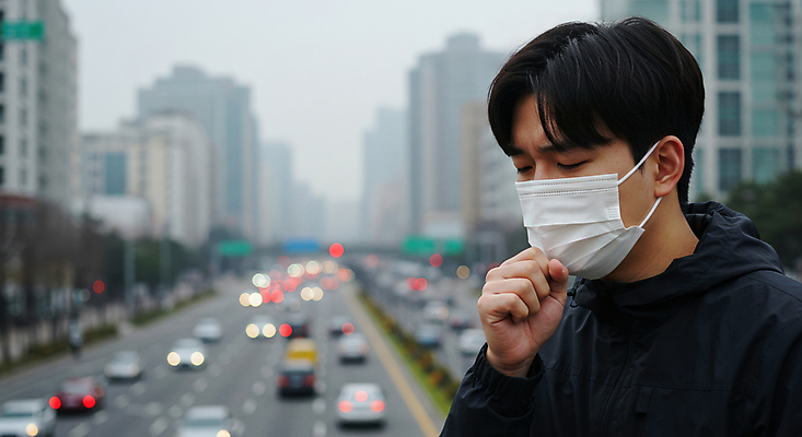 JPG 편집이미지 남자 자동차 마스크 한명 상반신 성인 야외 건물 건강관리 환경 차도 환경오염 매연 대기오염 입가림 기침 황사 의료성형뷰티 성인남자한명만 미세먼지 편집실사 AI인물포토 AI콘텐츠 1 건축물 도로 육상교통 컨셉 건강 관리 사람 가림 CG 먼지 남자한명만 성인남자만 파일형식 AI포토