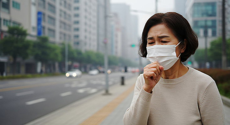 JPG 편집이미지 여자 중년 마스크 한명 상반신 야외 건물 건강관리 환경 차도 환경오염 매연 대기오염 입가림 기침 황사 의료성형뷰티 중년여자한명만 미세먼지 편집실사 AI인물포토 AI콘텐츠 1 건축물 도로 컨셉 건강 관리 사람 성인 가림 CG 먼지 여자한명만 중년여자만 파일형식 AI포토