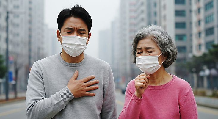 JPG 편집이미지 여자 노년 남자 할머니 중년 마스크 상반신 야외 두명 건물 손들기 건강관리 환경 차도 환경오염 매연 대기오염 입가림 기침 황사 의료성형뷰티 미세먼지 편집실사 AI인물포토 AI콘텐츠 건축물 도로 컨셉 모션 건강 관리 사람 성인 가림 CG 먼지 파일형식 AI포토