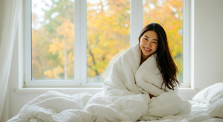 JPG 편집이미지 여자 창문 베개 안기 한명 미소 앉기 풍경 성인 이불 가을 흰색 침대 커튼 포근함 숙면 의료성형뷰티 성인여자한명만 편집실사 AI인물포토 AI콘텐츠 1 계절 컬러 가구 침구 모션 표정 사람 잠 감각 CG 여자한명만 성인여자만 파일형식 AI포토