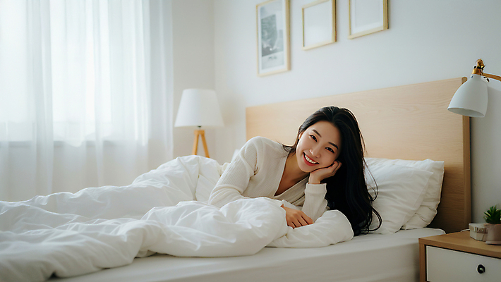 JPG 편집이미지 여자 액자 창문 베개 한명 미소 성인 턱괴기 이불 흰색 침대 스탠드 커튼 포근함 모던 서랍장 숙면 의료성형뷰티 성인여자한명만 편집실사 AI인물포토 AI콘텐츠 1 컬러 가구 침구 모션 조명 표정 사람 잠 감각 CG 여자한명만 성인여자만 파일형식 AI포토