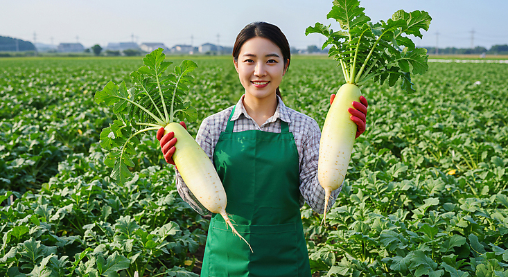 JPG 편집이미지 여자 농업 하늘 한명 미소 들기 성인 농가 앞치마 농촌 신선 무 특산물 고무장갑 무밭 의료성형뷰티 성인여자한명만 산지직송 편집실사 AI인물포토 AI콘텐츠 1 산업 장갑 밭 모션 뿌리채소 표정 사람 농장 시골 CG 고무 여자한명만 성인여자만 파일형식 직송 AI포토