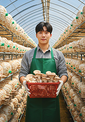 JPG 편집이미지 남자 하늘 한명 미소 들기 성인 농가 바구니 앞치마 농촌 신선 특산물 비닐하우스 목장갑 버섯농장 버섯재배 새송이버섯 의료성형뷰티 성인남자한명만 산지직송 편집실사 AI인물포토 AI콘텐츠 1 장갑 농업 모션 표정 사람 농장 버섯 시골 CG 남자한명만 성인남자만 파일형식 직송 AI포토