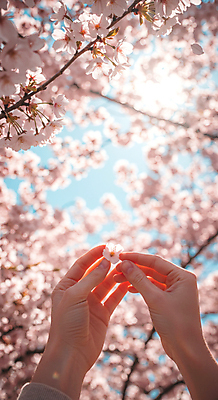 JPG 편집이미지 손 꽃잎 휴식 신체부위 햇빛 봄풍경 벚꽃 잡기 벚나무 감성 편집실사 AI인물포토 AI콘텐츠 나무 꽃 컨셉 모션 사람 풍경 태양 봄 CG 파일형식 AI포토