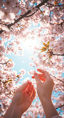 JPG 편집이미지 손 꽃잎 휴식 신체부위 햇빛 봄풍경 벚꽃 잡기 벚나무 감성 편집실사 AI인물포토 AI콘텐츠 나무 꽃 컨셉 모션 사람 풍경 태양 봄 CG 파일형식 AI포토