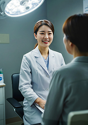 JPG 편집이미지 직업 여자 의자 의료기기 조명 미소 상반신 성인 두명 환자 의사 마주앉기 진료실 의료성형뷰티 성인여자만 편집실사 IC큐레이션 AI인물포토 AI콘텐츠 가구 의학 표정 병원 사람 앉기 진료 의료진 CG 여자만 성인만 파일형식 AI포토