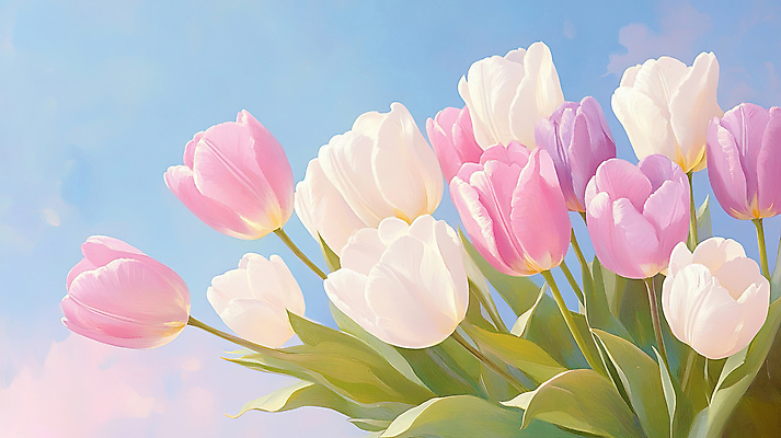 JPG 구름 분홍색 하늘색 잎 일러스트 봄꽃 하늘 사람없음 튤립 감성 유화 국내일러스트 AI일러스트 AI콘텐츠 자연요소 식물 꽃 컬러 컨셉 미술 파란색 봄 파일형식