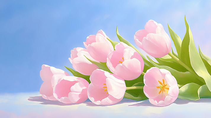 JPG 분홍색 하늘색 잎 일러스트 봄꽃 사람없음 튤립 감성 유화 국내일러스트 AI일러스트 AI콘텐츠 식물 꽃 컬러 컨셉 미술 파란색 봄 파일형식