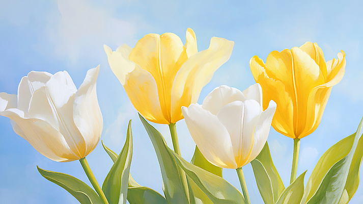 JPG 구름 하늘색 잎 일러스트 봄꽃 하늘 사람없음 노란색 튤립 감성 유화 국내일러스트 AI일러스트 AI콘텐츠 자연요소 식물 꽃 컬러 컨셉 미술 파란색 봄 파일형식