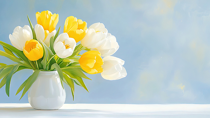 JPG 하늘색 잎 일러스트 봄꽃 사람없음 노란색 튤립 감성 다화병 유화 국내일러스트 AI일러스트 AI콘텐츠 식물 꽃 컬러 컨셉 미술 파란색 꽃병 봄 파일형식