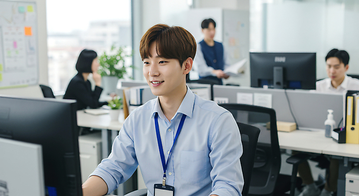 JPG 편집이미지 여자 남자 의자 미소 정장 여러명 상반신 성인 비즈니스라이프 사무실 모니터 구직 업무 비즈니스맨 비즈니스우먼 책상 신입사원 사원증 의료성형뷰티 성인만 사회초년생 편집실사 AI인물포토 AI콘텐츠 라이프스타일 옷 가구 다수 컨셉 비즈니스 표정 사람 컴퓨터 작업 직장인 CG 파일형식 AI포토