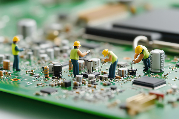 JPG 편집이미지 남자 작업복 고개숙이기 여러명 성인 미니어처 잡기 작업 수리 회로판 안전모 작업자 성인남자만 편집실사 AI포토 AI콘텐츠 옷 다수 모션 숙이기 사람 모형 헬멧 안전장비 CG 남자만 성인만 파일형식