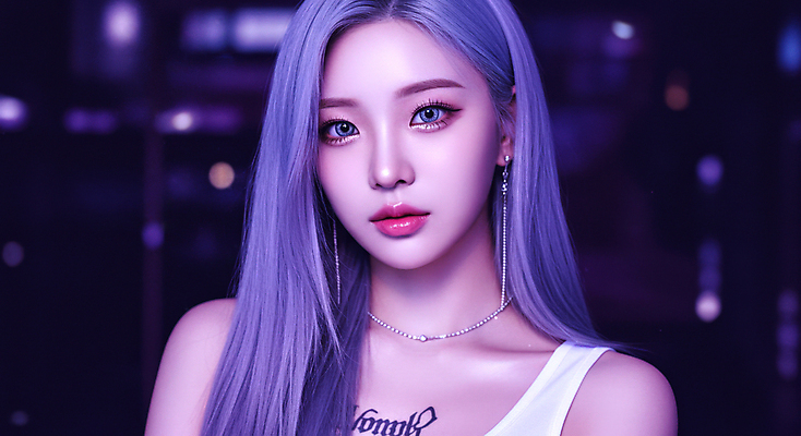 JPG 편집이미지 응시 여자 목걸이 한명 성인 뷰티 보라색 귀걸이 가수 문신 보케 스타 아이돌 케이팝 의료성형뷰티 성인여자한명만 편집실사 AI인물포토 AI콘텐츠 1 시선 음악 컬러 장신구 사람 음악가 CG 연예인 여자한명만 성인여자만 파일형식 AI포토