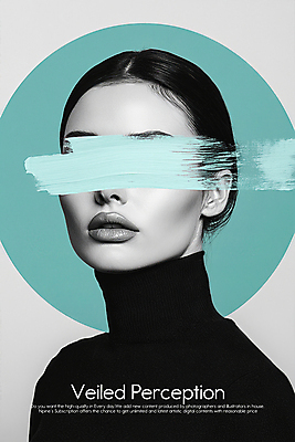 PSD 모델 편집이미지 여자 얼굴 하늘색 흑백 한명 상반신 성인 뷰티 페인트 눈가림 원형 성인여자한명만 이미지편집 도형 1 촬영기법 사람 신체부위 파란색 가림 여자한명만 성인여자만 파일형식