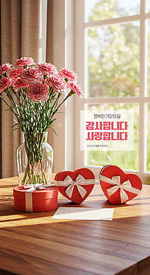 PSD 편집이미지 리본 사랑 사람없음 선물상자 꽃병 하트 커튼 어버이날 창가 카네이션 감사 가정의달 나무탁자 이미지편집 카드프레임 모양 기념일 꽃 감정 창문 탁자 프레임 선물 상자 5월 파일형식