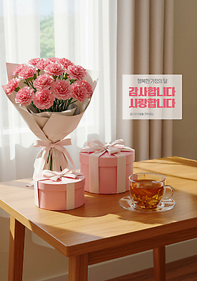 PSD 편집이미지 꽃다발 사랑 사람없음 선물상자 커튼 차 찻잔 어버이날 창가 카네이션 감사 가정의달 나무탁자 이미지편집 기념일 꽃 감정 음료 창문 탁자 잔 선물 상자 5월 파일형식
