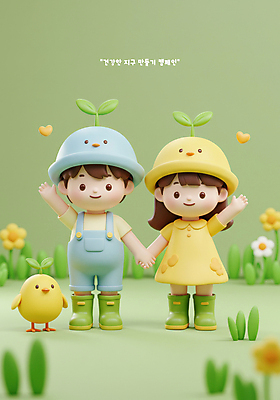 PSD 편집이미지 모자 여자 남자 꽃 어린이 캠페인 3D캐릭터 병아리 장화 소녀 소년 잔디 두명 연두색 손들기 새싹 귀여움 손잡기 식목일 지구온난화 어린이만 편집3D 식물 캐릭터 잡화 기념일 신발 컨셉 모션 조류 사람 초록색 3D 기후변화 파일형식