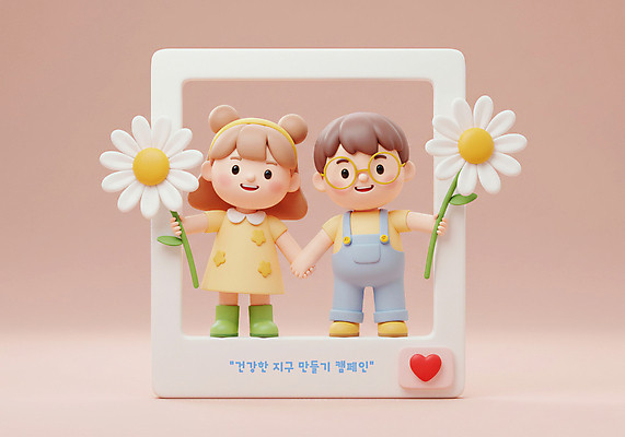 PSD 편집이미지 여자 남자 어린이 캠페인 분홍색 3D캐릭터 미소 들기 소녀 소년 두명 귀여움 손잡기 하트 머리띠 식목일 데이지 지구온난화 어린이만 안경낌 편집3D 모양 캐릭터 기념일 꽃 안경 컬러 컨셉 장신구 모션 표정 사람 3D 기후변화 파일형식